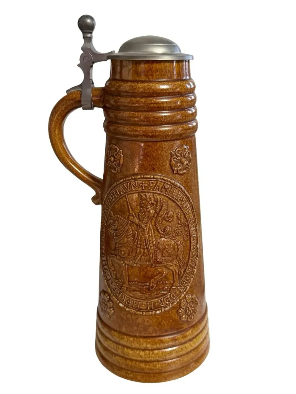 Vintage Brown Stoneware Beer Stein Heraldic Family Crest Equestrian Pewter Lid 1